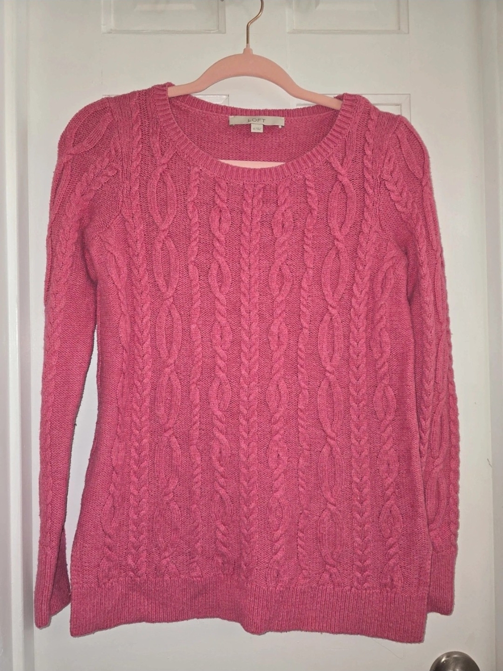 LOFT Pink Cable Knit Crewneck Sweater